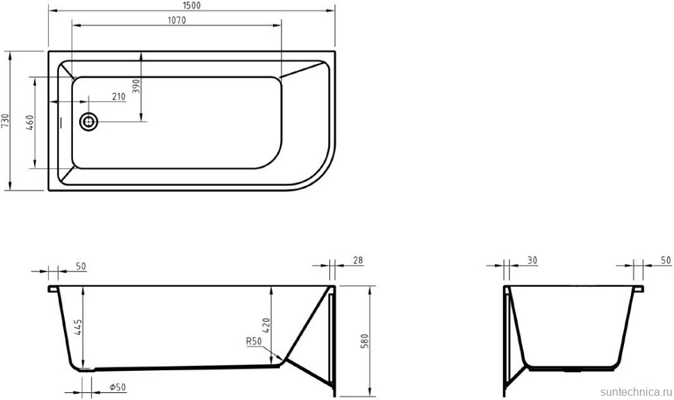 Акриловая ванна BelBagno BB712-1500-730-L 150x75 см, левая, пристенная, белая, асимметричная, на ножках, со сливом-переливом, с донным клапаном