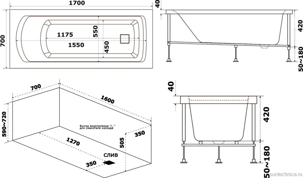 Акриловая ванна Bas Аякс 170x70 см, пристенная, белая + ремкомплект Good Door
