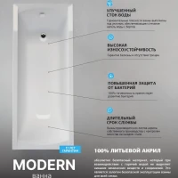 Комплект Акриловая ванна 1MarKa Modern Стандарт 2+ 170x70 см, пристенная, белая, с каркасом, со сливом-переливом