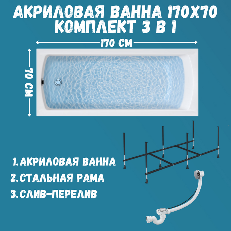 Комплект Акриловая ванна 1MarKa Modern Стандарт 2+ 170x70 см, пристенная, белая, с каркасом, со сливом-переливом
