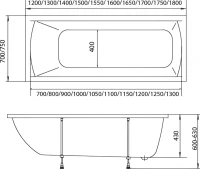 Комплект Акриловая ванна 1MarKa Modern Стандарт 2+ 170x70 см, пристенная, белая, с каркасом, со сливом-переливом