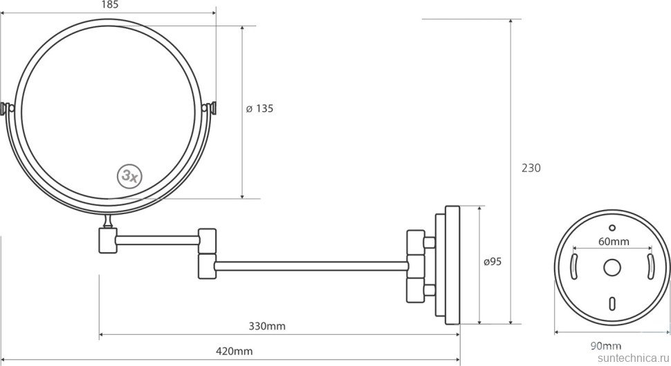 Косметическое зеркало Bemeta 106301122 без подсветки, двухстороннее, телескопическое, поворотное, хром