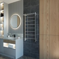 Полотенцесушитель электрический Grota App 530х1200 NP EL 120x55 см, подключение справа, слева, скрытое подключение справа, глянцевый хром, лесенка, с полкой