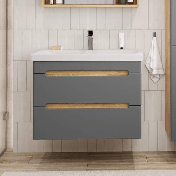 Тумба с раковиной SanStar Diva 80 подвесная, графит софт, дуб вотан, раковина Moduo 80