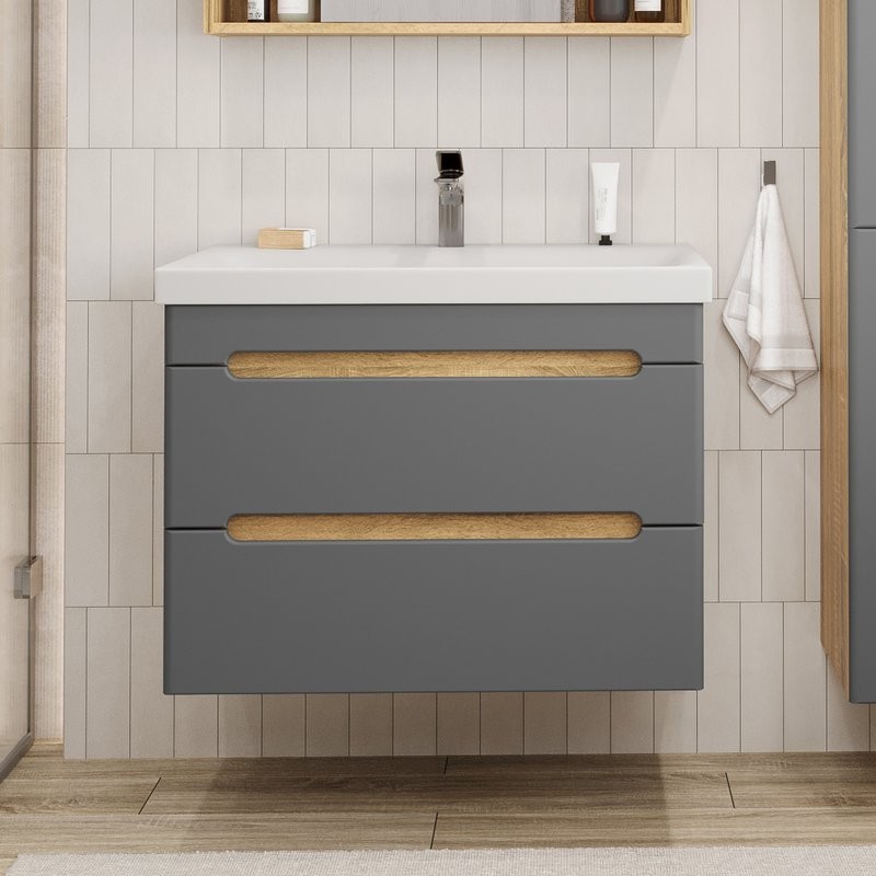 Тумба с раковиной SanStar Diva 80 подвесная, графит софт, дуб вотан, раковина Moduo 80