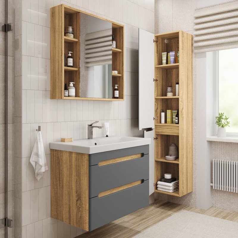 Тумба с раковиной SanStar Diva 80 подвесная, графит софт, дуб вотан, раковина Moduo 80