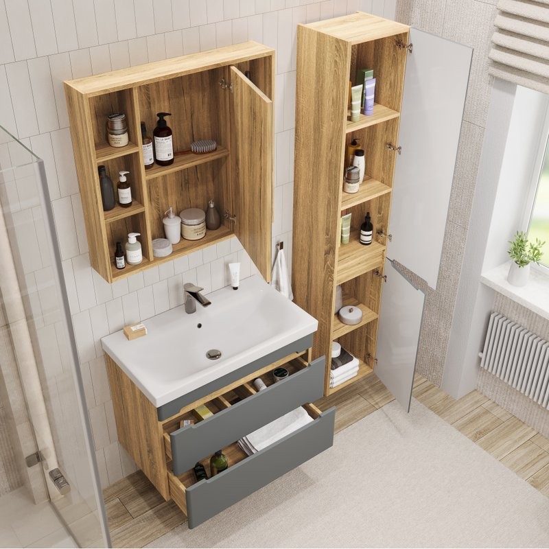 Тумба с раковиной SanStar Diva 80 подвесная, графит софт, дуб вотан, раковина Moduo 80