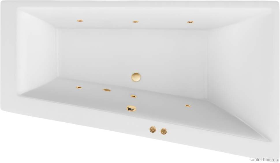 Акриловая ванна Excellent Sfera Soft R 170x100 см, угловая, правая, встраиваемая, с гидромассажем, белая, асимметричная, с каркасом, со сливом-переливом, фурнитура золото
