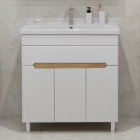 Тумба с раковиной SanStar Модена 80 напольная, глянцевая белая, дуб вотан, раковина Миранда 80