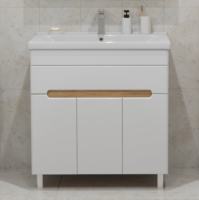 Тумба с раковиной SanStar Модена 80 напольная, глянцевая белая, дуб вотан, раковина Миранда 80