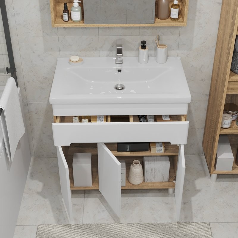 Тумба с раковиной SanStar Модена 80 напольная, глянцевая белая, дуб вотан, раковина Миранда 80