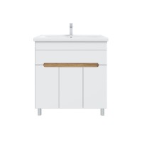 Тумба с раковиной SanStar Модена 80 напольная, глянцевая белая, дуб вотан, раковина Миранда 80