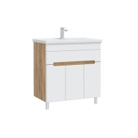 Тумба с раковиной SanStar Модена 80 напольная, глянцевая белая, дуб вотан, раковина Миранда 80