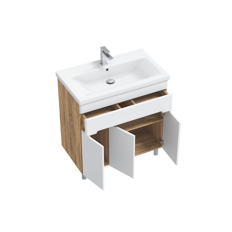 Тумба с раковиной SanStar Модена 80 напольная, глянцевая белая, дуб вотан, раковина Миранда 80