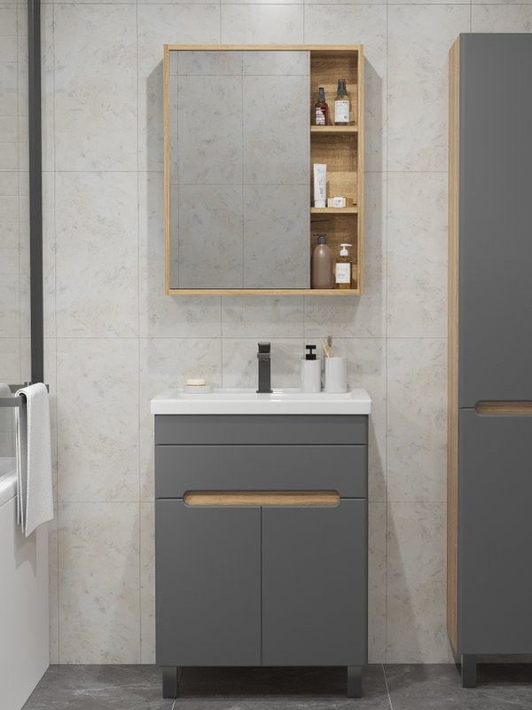 Мебель для ванной комнаты SanStar Модена 60 напольная, графит софт, дуб вотан, раковина Фостер 60