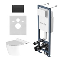 Комплект Унитаз подвесной Damixa Jupiter DX77C1700SC безободковый, с микролифтом + Инсталляция AM.PM ErgoFit I012711.0338 с кнопкой ErgoFit M черная матовая