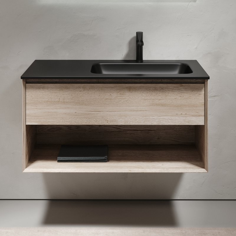 Тумба с раковиной Sancos Marmi 1.0 100 R черная раковина, дуб галифакс натуральный