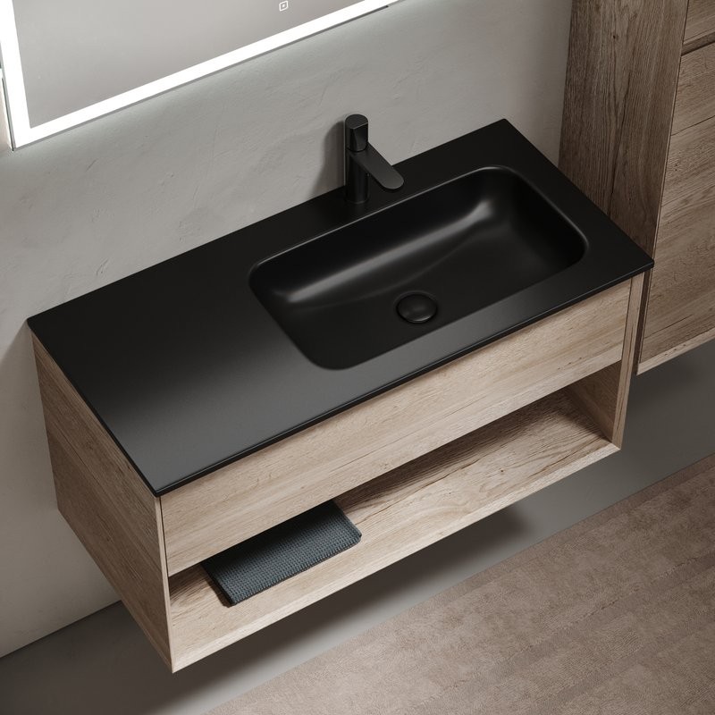 Тумба с раковиной Sancos Marmi 1.0 100 R черная раковина, дуб галифакс натуральный