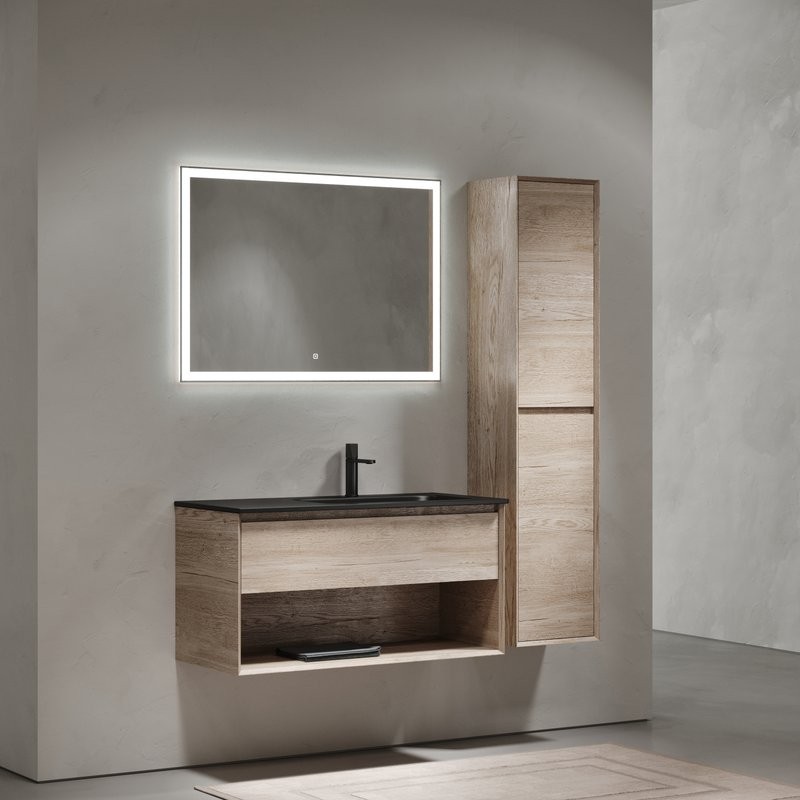 Тумба с раковиной Sancos Marmi 1.0 100 R черная раковина, дуб галифакс натуральный