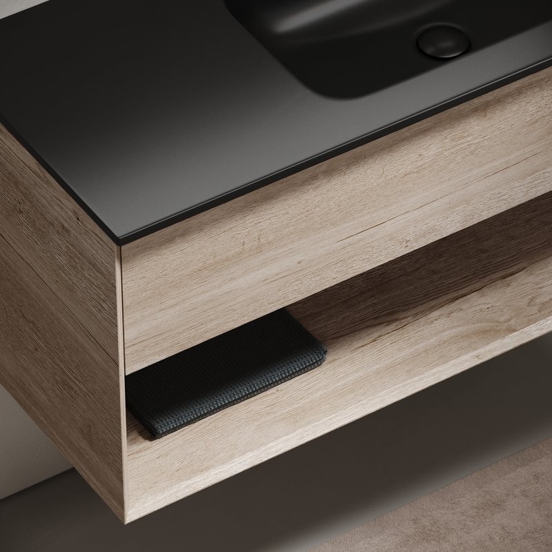 Тумба с раковиной Sancos Marmi 1.0 100 R черная раковина, дуб галифакс натуральный