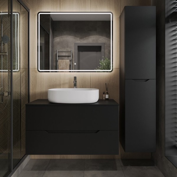 Мебель для ванной комнаты Orange Line 100 подвесная, 2 ящика, матовая черная с раковиной B04-600W