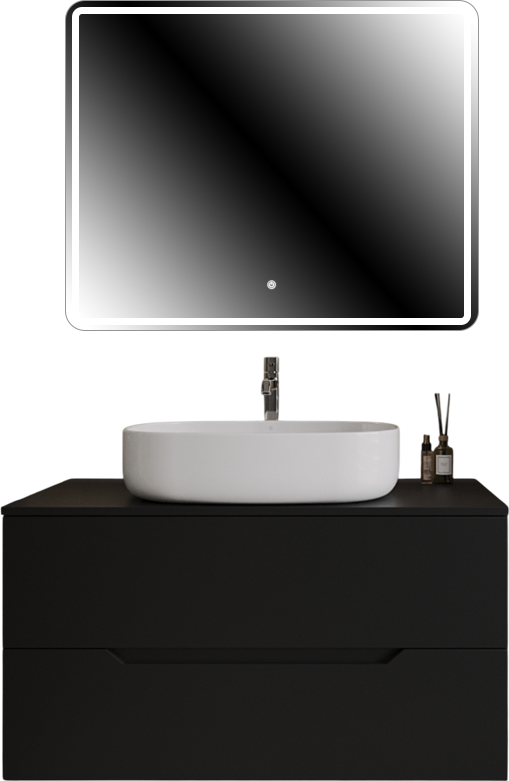 Мебель для ванной комнаты Orange Line 100 подвесная, 2 ящика, матовая черная с раковиной B04-600W
