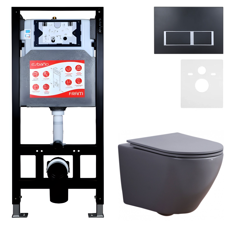 Комплект 3 в 1 Унитаз подвесной Esbano Azalea ESUPAZALGM + Инсталляция Fram + Кнопка ESINPRK12MB цвет матовый черный