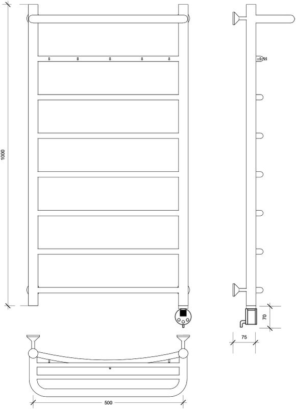 Полотенцесушитель электрический Secado Милан 1 КСП 100x50 см, подключение справа, матовый черный, лесенка, с полкой