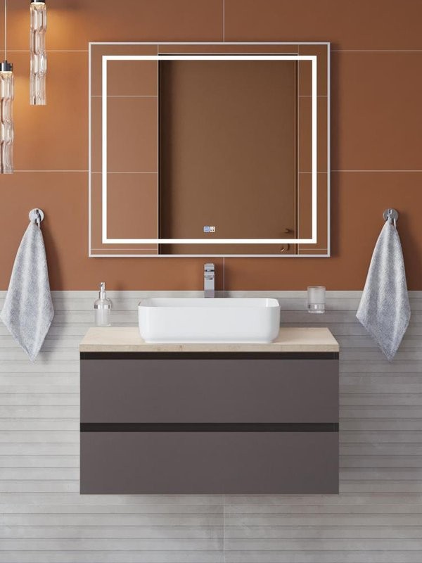 Мебель для ванной комнаты BelBagno Kraft 90 подвесная, матовая темно-серая, столешница kep-90-mco, раковина BB1304