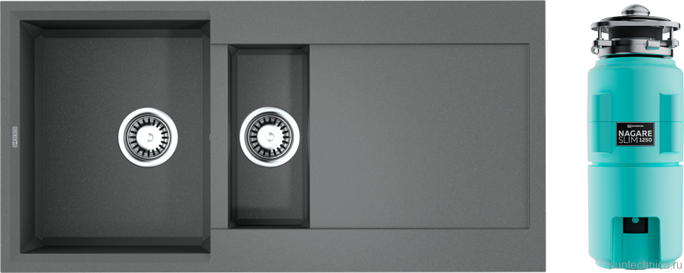 Комплект Мойка Omoikiri Sakaime 100-2-GR leningrad grey + Измельчитель Nagare slim 1250-AZ azur blue