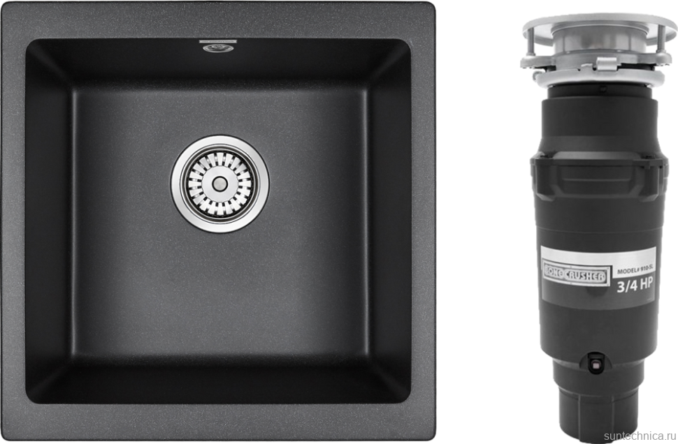 Комплект Мойка Paulmark Brilon PM104546-BL черный + Измельчитель Bone Crusher BC 910-SL-Slim Line