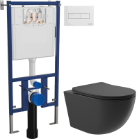 Комплект Унитаз подвесной Aqueduto Ovo OVO0140 безободковый, с микролифтом, черный матовый + Инсталляция DIWO + Кнопка 7320 белая