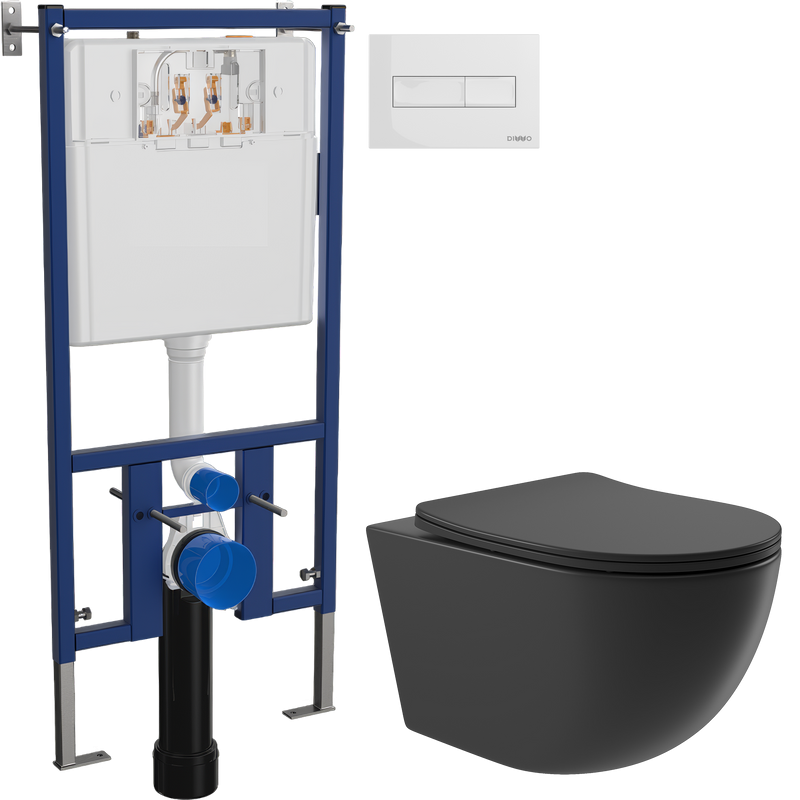 Комплект Унитаз подвесной Aqueduto Ovo OVO0140 безободковый, с микролифтом, черный матовый + Инсталляция DIWO + Кнопка 7320 белая