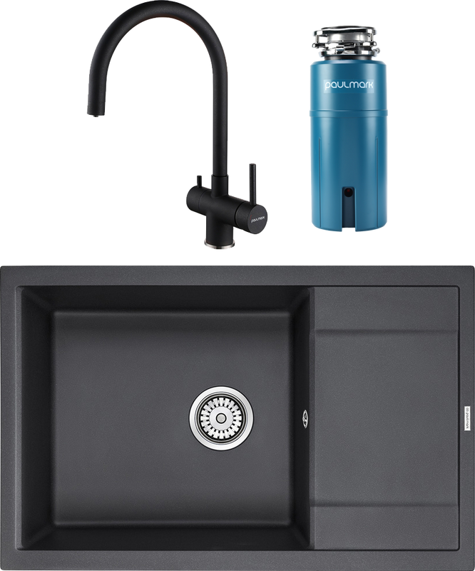 Комплект Мойка кухонная Paulmark Flugen 60 PM317850-BL черная + Смеситель Heller He213218-418 черный металлик + Измельчитель Intenso I-PRO 1000 + Фильтр Refine System