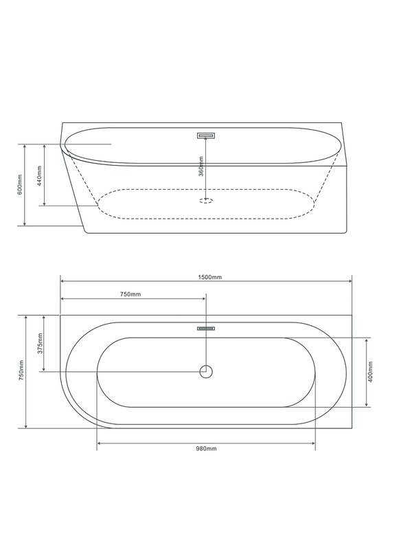 Акриловая ванна Grossman Cristal GR-2205FR 150x75 см, угловая, правая, пристенная, белая, асимметричная, со сливом-переливом, с донным клапаном