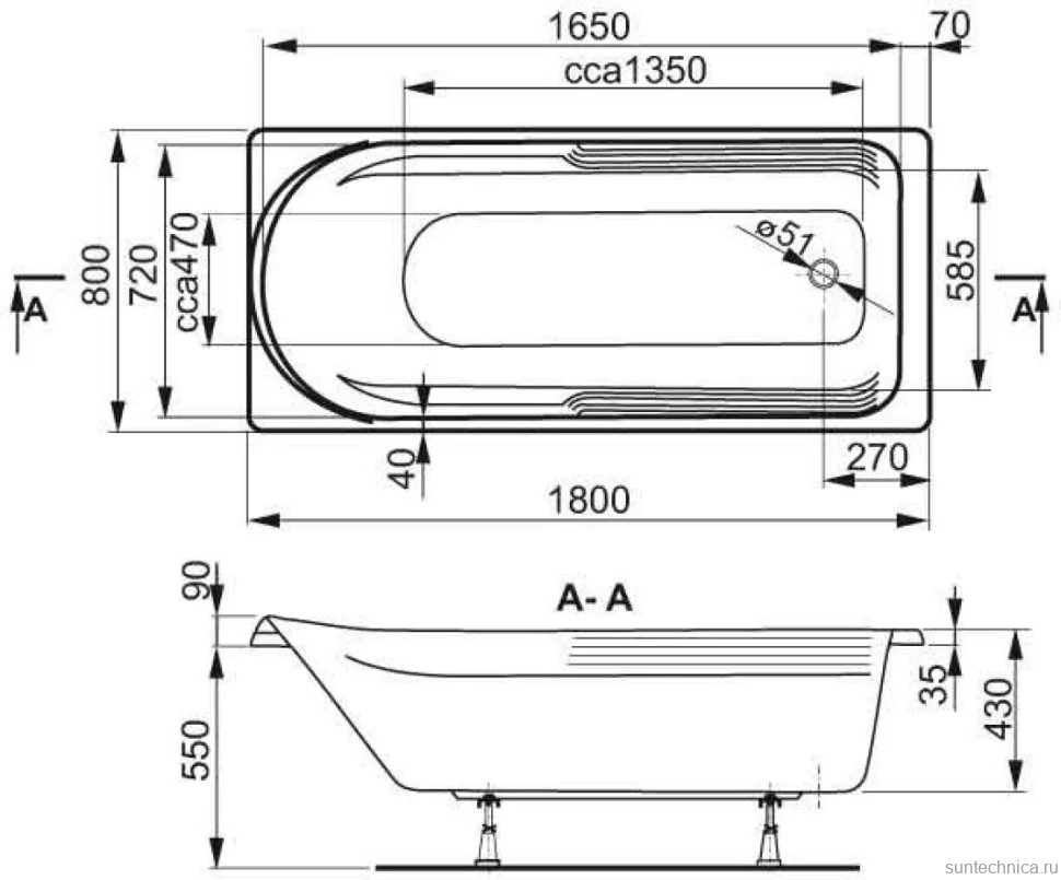 Акриловая ванна Vagnerplast Hera 180x80 см, пристенная, ультрабелая, с каркасом