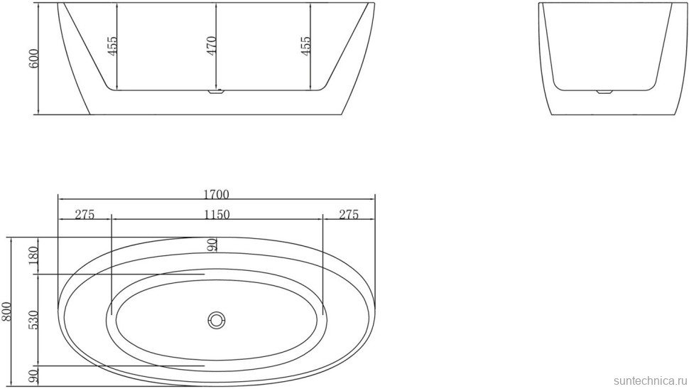 Акриловая ванна BelBagno BB404-1700-800 без опоры 170x80 см, отдельностоящая, белая, овальная, со сливом-переливом
