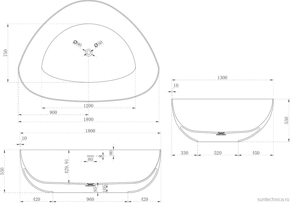 Ванна из искусственного камня Abber Stein AS9608 180x130 см, отдельностоящая, матовая белая, четверть круга, на ножках, с донным клапаном
