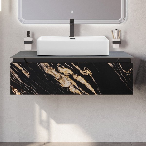 Тумба под раковину со столешницей Cezares Slider 100 подвесная, 1 ящик, черный фьюжн, со столешницей marmo nero opaco