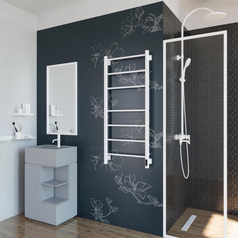 Полотенцесушитель электрический Grota Costa 530х1200 RAL9016 EL 120x55 см, подключение справа, слева, скрытое подключение справа, матовый белый, лесенка, из стали