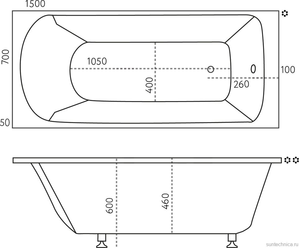 Ванна из искусственного камня Marmo Bagno Глория 150x70 см, пристенная, белая, на ножках