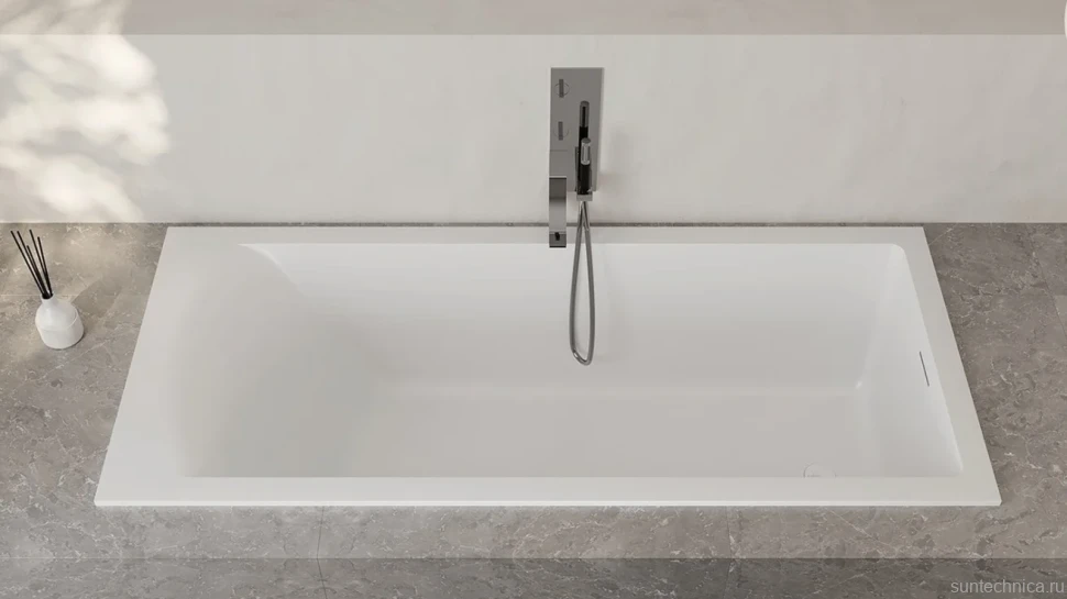 Ванна из искусственного камня Salini Cascata Kit S-Sense 180x80 см, встраиваемая, матовая белая, на ножках, со сливом-переливом, с донным клапаном