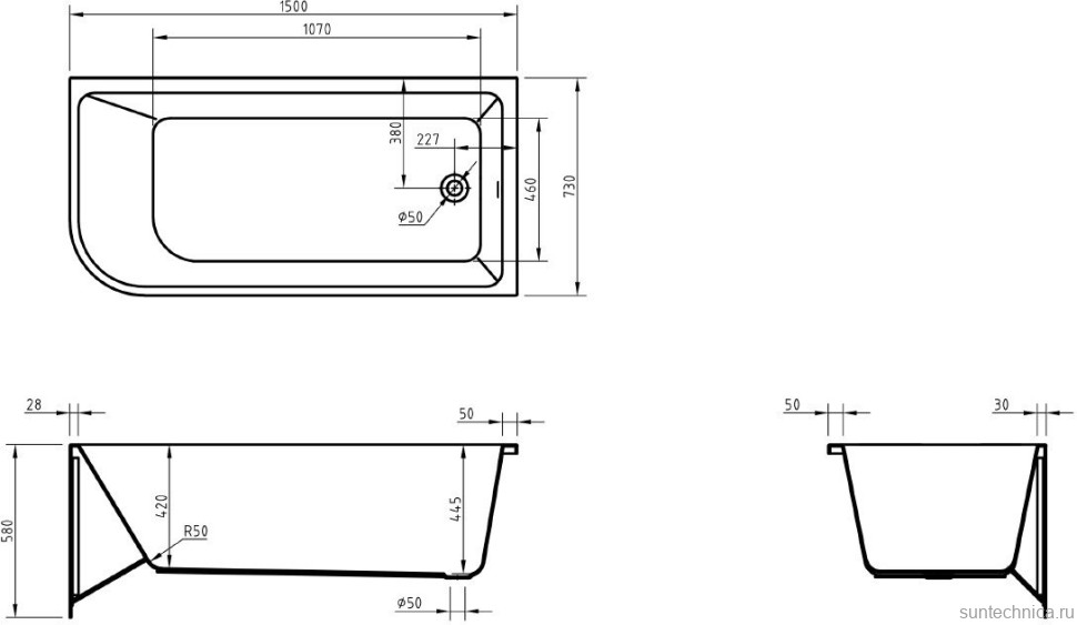 Акриловая ванна BelBagno BB712-1500-730-R 150x75 см, правая, пристенная, белая, асимметричная, на ножках, со сливом-переливом, с донным клапаном