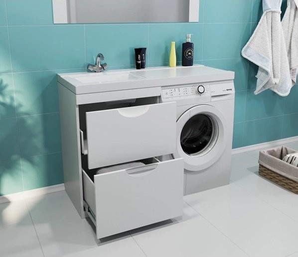 Тумба с раковиной Mixline Атлантик 120 L под стиральную машину, глянцевая белая