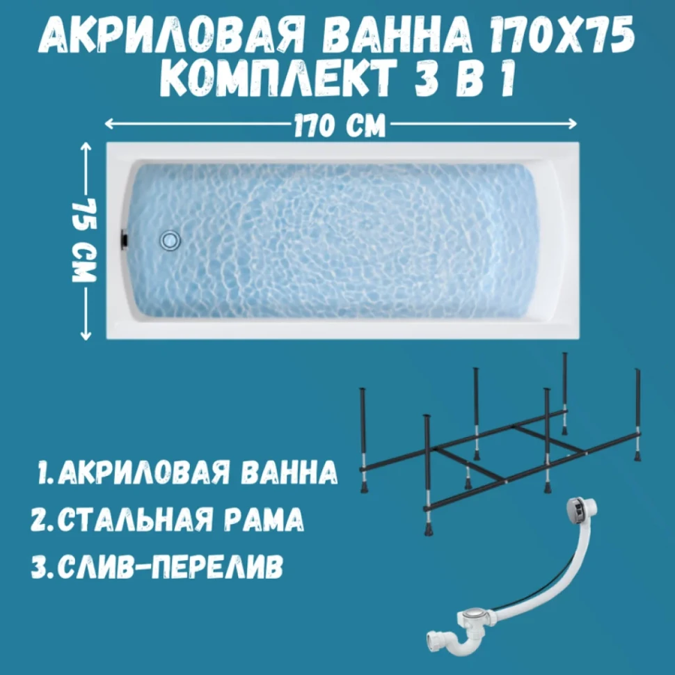Комплект Акриловая ванна 1MarKa Modern Стандарт 2+ 170x75 см, пристенная, белая, со сливом-переливом