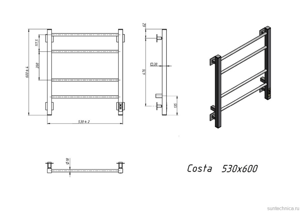 Полотенцесушитель электрический Grota Costa 530х600 NM EL 60x55 см, подключение справа, слева, скрытое подключение справа, матовый хром, лесенка