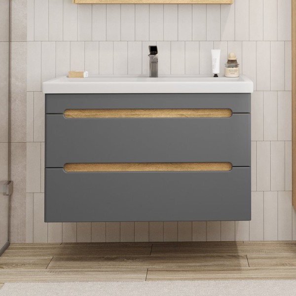 Тумба с раковиной SanStar Diva 100 подвесная, графит софт, дуб вотан, раковина Фостер 100