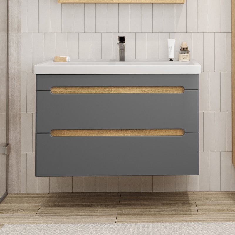 Тумба с раковиной SanStar Diva 100 подвесная, графит софт, дуб вотан, раковина Фостер 100