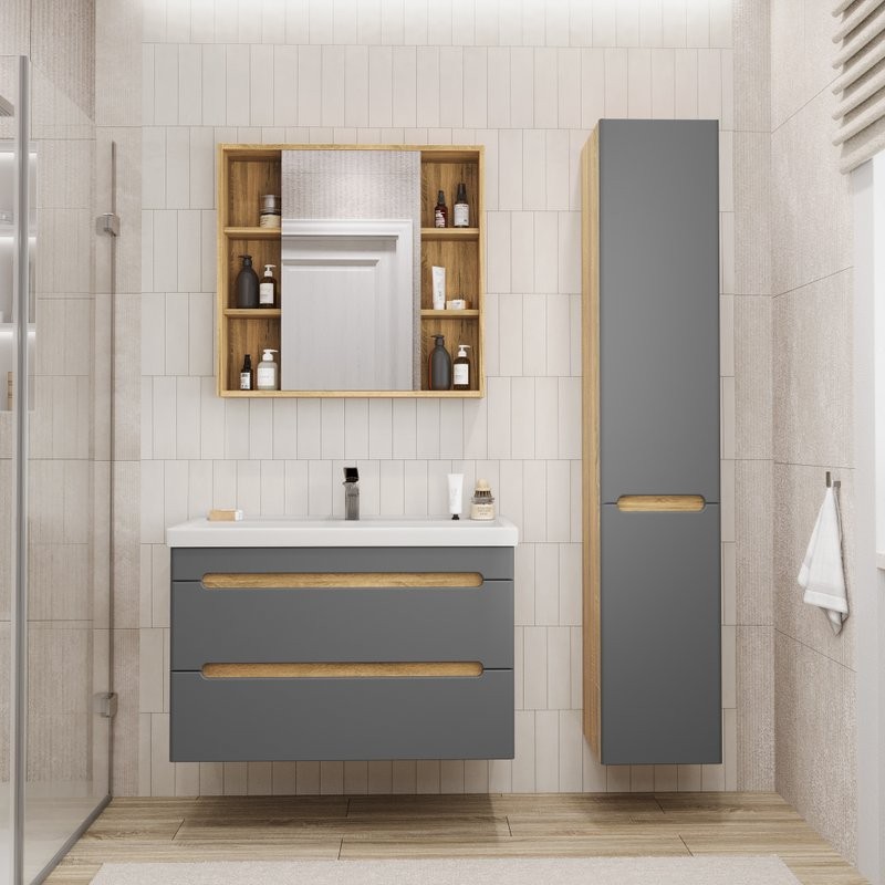 Тумба с раковиной SanStar Diva 100 подвесная, графит софт, дуб вотан, раковина Фостер 100