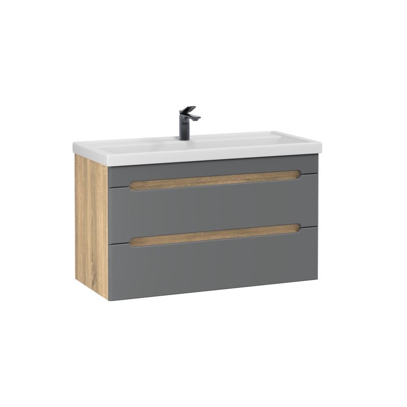 Тумба с раковиной SanStar Diva 100 подвесная, графит софт, дуб вотан, раковина Фостер 100